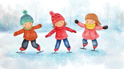 Cartoon style happy child doing ice skating.