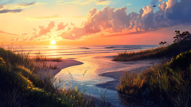 Serene amelia island florida coastal landscape with golden sand beaches and lush greenery at sunset. Sapphire Shores. Illustration
