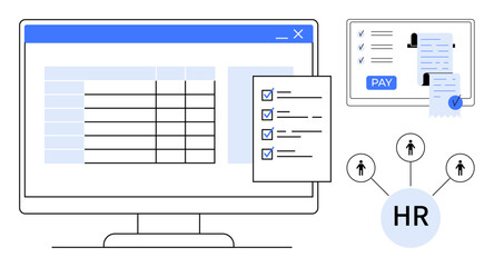 Computer monitor displaying table alongside checklist, tablet showing payroll process with employee profiles, and HR hub icon connecting to individuals. Ideal for payroll systems, HR management
