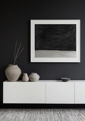 Elegant Horizontal Blank Frame Mockup on Dark Charcoal Wall with Minimalist Styling, Ceramic Vases, Soft Linen Textures, and Dramatic Lighting for Sophisticated Design Inspiration
