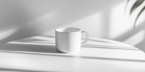 Sleek Ceramic Coffee Cup Mockup on Minimalist White Table with Blank Space for Logo or Design, Perfect for Branding and Advertising Projects in a Modern and Clean Style