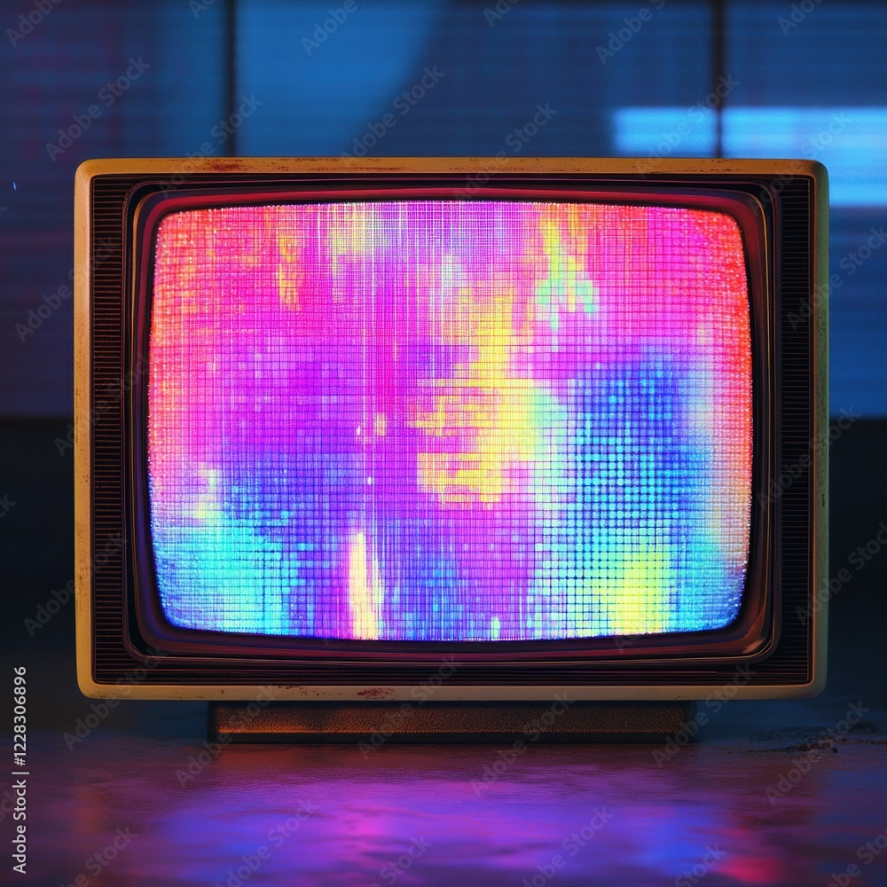 Poster retro television screen displaying colorful glitch patterns and static noise in a dimly lit room. ge