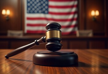 Judge mallet sits on wooden table in American courtroom. American flag in background justice in American legal system. Legal authority, impartiality highlighted. Decision-making process emphasized.