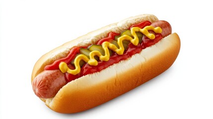 Classic hot dog sausage topped with ketchup, mustard, and pickles