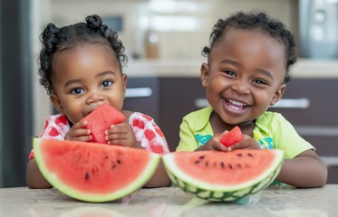 Happy sibling twin toddlers enjoying fresh watermelon indoors at a kitchen table during a sunny afternoon