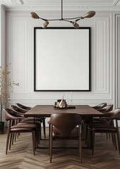 Modern Dining Room Mockup: Stylish Blank Frame on Wall, Herringbone Floor, Leather Chairs & Polished Wooden Table for Sophisticated Interior Designs