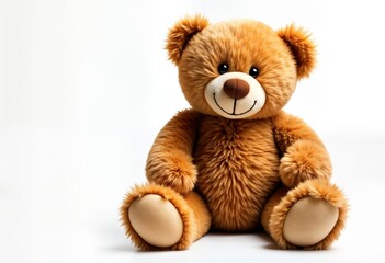 Fototapeta premium Brown teddy bear sits on white background. Cute plush toy looks happy, cuddly. Soft fur gives sense of calmness, playfulness. Isolated object perfect for kids room decoration. Great gift for holidays