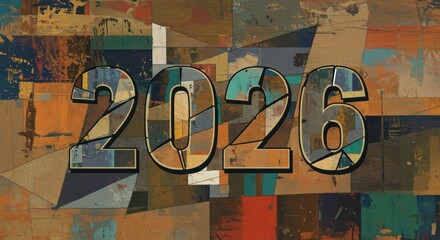 Obraz premium Colorful abstract art collage featuring bold 2026 numbers on geometric pattern