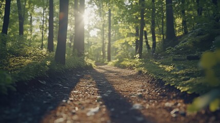 Obraz premium Serene forest path illuminated by sunlight, surrounded by lush greenery and tranquil nature