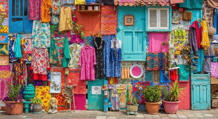 Fototapeta premium Colorful vintage clothing and home decor wall with plants and retro accessories