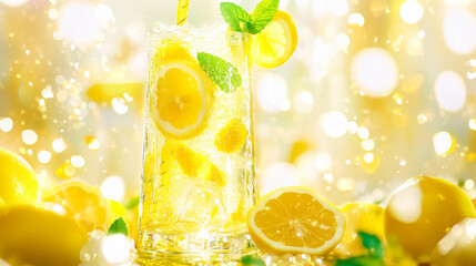 A refreshing lemonade drink with slices of lemon and mint leaves in a glass jar, glowing in bright sunlight, ideal for summer vibes.