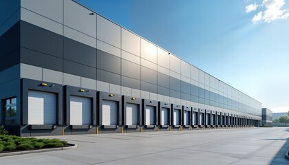 Obraz premium Modern logistics center shows many truck doors for efficient cargo handling. Exterior shot of warehouse facility with large loading docks. Commercial building features contemporary design with flat