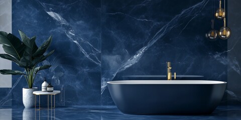Modern Bathroom Background with Navy Blue Marble and Natural Design for Stylish and Elegant Interior Aesthetics