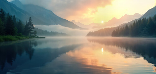 Tranquil mountain lake reflects dawn mist. Serene nature landscape. Calm waters mirror rising sun. Peaceful scene. Mountain range in soft light. Lush forest borders lake. Stunning daybreak.
