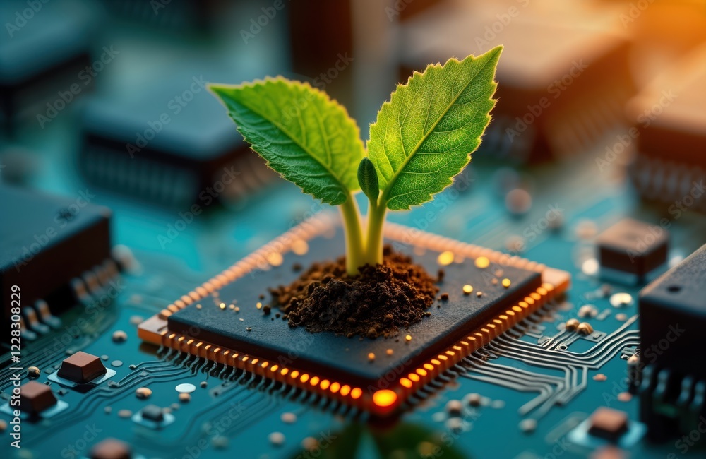 Poster young sprout grows in microchip on circuit board. eco tech innovation concept. sustainable tech futu