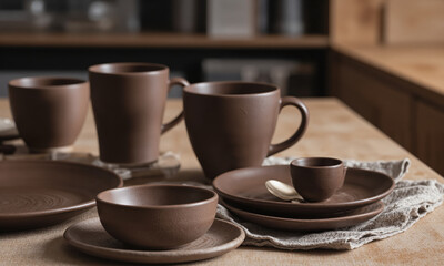 Mocha Musse ceramic kitchenware with a smooth, matte finish and modern shapes. The deep brown mugs, plates, and bowls add