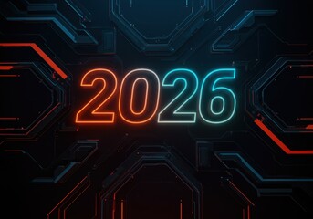 Futuristic digital background with glowing 2026 numbers in neon colors