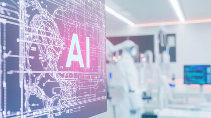 A glowing 'AI' symbol overlaid on a digital screen in a futuristic lab, representing artificial intelligence in advanced medical or technological settings.