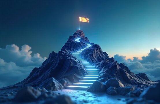Abstract illustration of mountain peak with glowing steps leading to summit. Golden flag atop peak suggests goal achievement. Clouds drift in sky. Successful journey depicted. Inspiring image of