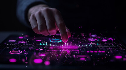 Obraz premium Human hand interacting with futuristic glowing digital interface in pink tones.