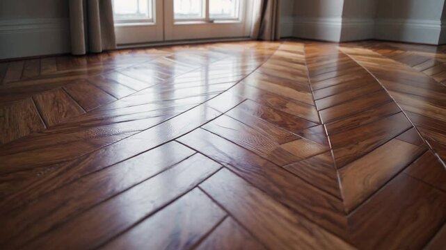 A stunning 4K cinematic animation featuring a smooth, low-angle camera movement gliding effortlessly along a beautifully laminated parquet floor with a rich brown wooden texture.