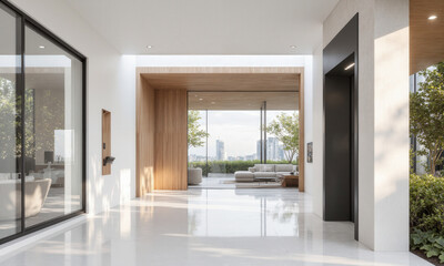 Smart home entrance in crystal white, featuring AI-assisted security systems that monitor visitors and adjust lighting based on time