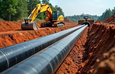 Construction site shows pipeline installation. Heavy machinery like excavators work on digging trench for gas, oil pipeline. Transit petrochemical pipes laid in trench. Work in progress. Open-air