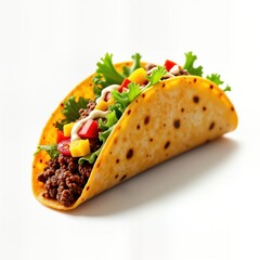 Close up shot of delicious mexican taco. Taco filled with seasoned ground beef, colorful toppings including fresh lettuce, diced bell peppers, yellow peppers. Creamy white sauce adds richness to
