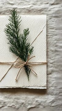 Handcrafted rustic gift wrapping with pine twig on natural paper