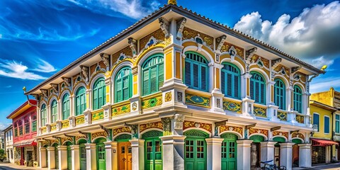 Fototapeta premium Phuket Old Town Sino-Portuguese Architecture, Mural Street Corner, Sunny Day, Cultural Heritage