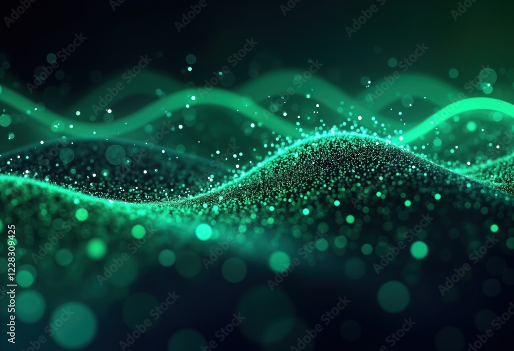 Poster futuristic digital cyberspace background. green, blue glowing particles form dynamic waves, flowing 