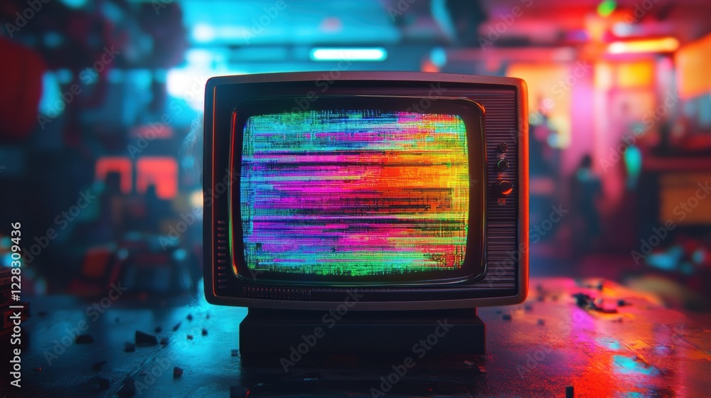 Poster retro television screen displaying vibrant static noise and colorful glitch patterns in a dimly lit 