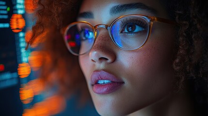 Close-up portrait of a young woman in glasses looking at a computer screen with code.