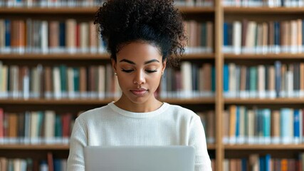 A focused young woman studies diligently with her laptop in a cozy library, surrounded by shelves full of books, embodying academic dedication.