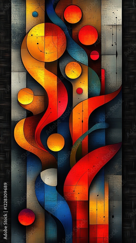 Poster abstract art with colorful circles and curved shapes on a textured grey background