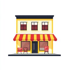 Yellow storefront cafe, outdoor seating, city street, website design