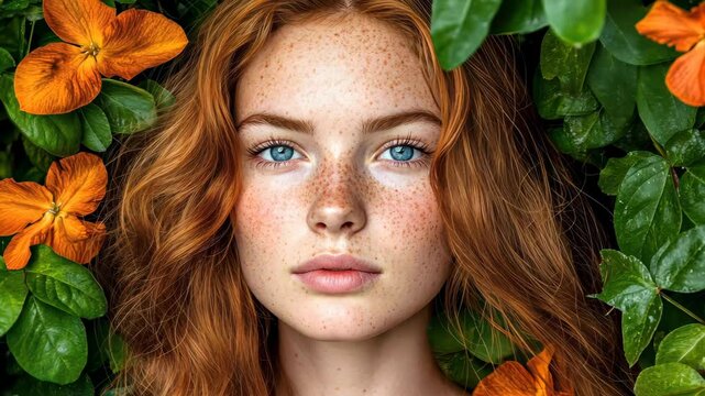 A stunning closeup of a freckled woman with blue eyes, embraced by vibrant orange flowers, showcasing pure beauty.