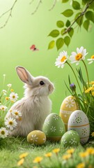 Fototapeta premium Cute bunny with decorated easter eggs in springtime floral meadow