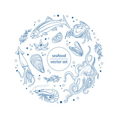 Set of linear seafood isolated on white background in a circle. Octopus, shrimp, langoustines, salmon, trout, oysters, mussels, squid, crabs, lemon. Hand drawn vector illustration of sea delicacies.