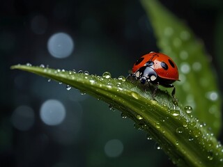 Macro Shot of a Ladybug on a Dew-Covered Leaf - Nature and Wildlife Photography
