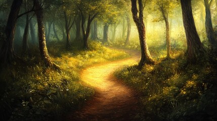 Obraz premium Serene forest path winding through lush greenery under soft golden sunlight, inviting exploration