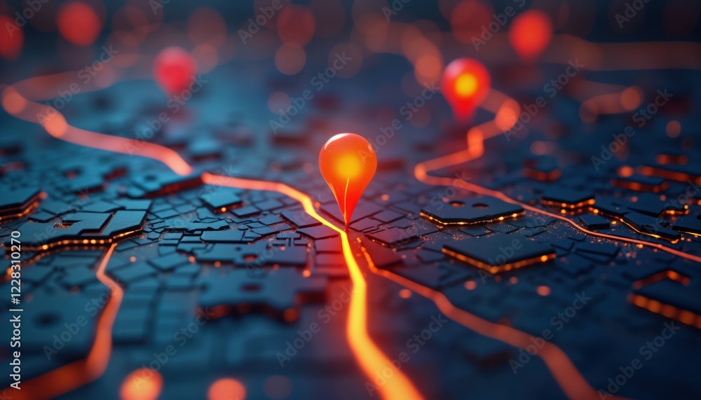 Poster Futuristic city map displays glowing red location pin destination. Route path illuminates technology-driven navigation system. Innovative tech concept shows future map-based travel. Advanced GPS