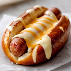 Hot dog sausage in a pretzel bun with melted Swiss cheese