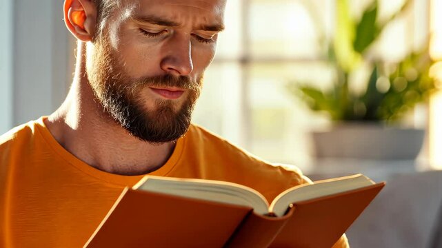 A young man deep in thought, reading his Bible indoors, capturing the essence of faith and reflection in serene light.