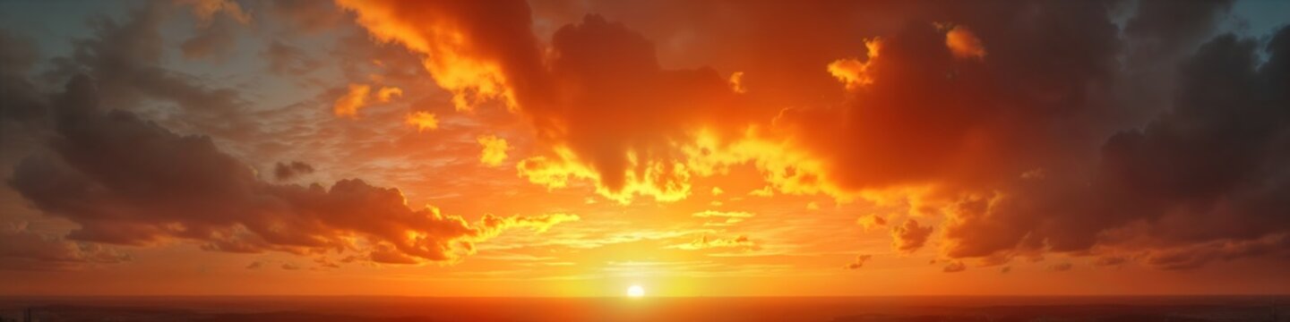 Dramatic sunset panorama. Vivid colors of golden red, orange. Dramatic cloudscape. Horizon line. Sky dome perfect for 3D visualization. Beautiful sunset view. Impressive scene. Bright sunlight. Cloud
