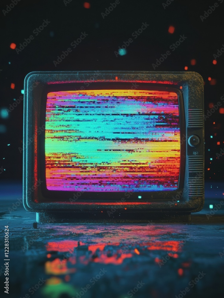 Poster retro television screen displaying colorful glitch patterns and static noise in a dimly lit environm