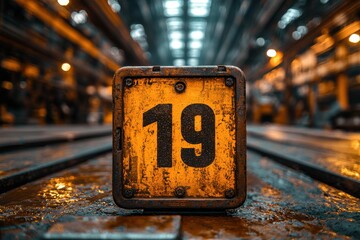 Number 19 marker in an industrial warehouse setting with dramatic lighting and weathered details