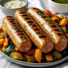 Hot dog sausage paired with roasted vegetables and a garlic herb sauce