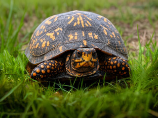Fototapeta premium A close-up shot of an Eastern box turtle resting on grass. The turtle has a brown shell with yellow markings, and its head and legs are visible