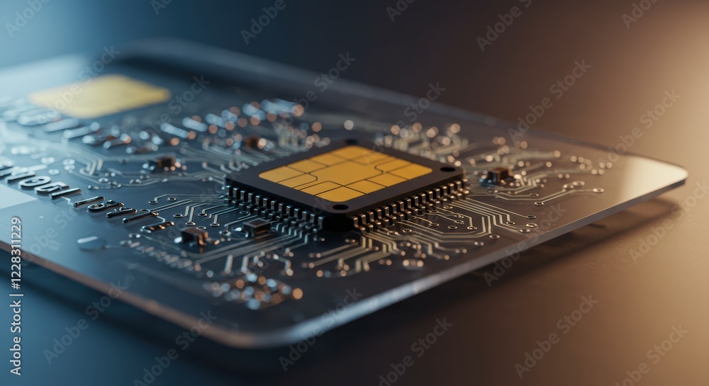 Poster futuristic transparent credit card with embedded microchip on circuit board